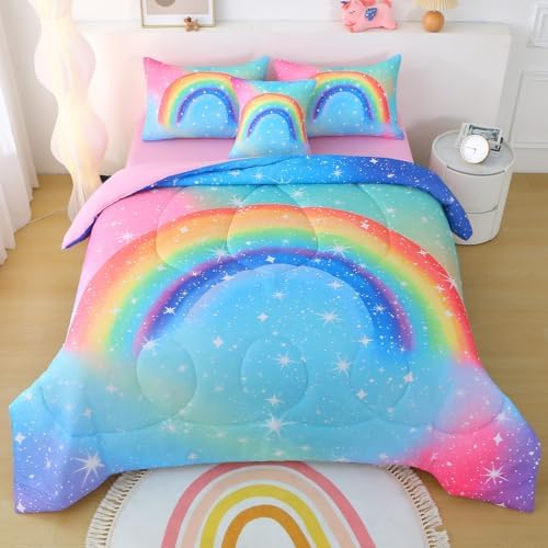 JQinHome Rainbow Comforter Set for Teen Girls