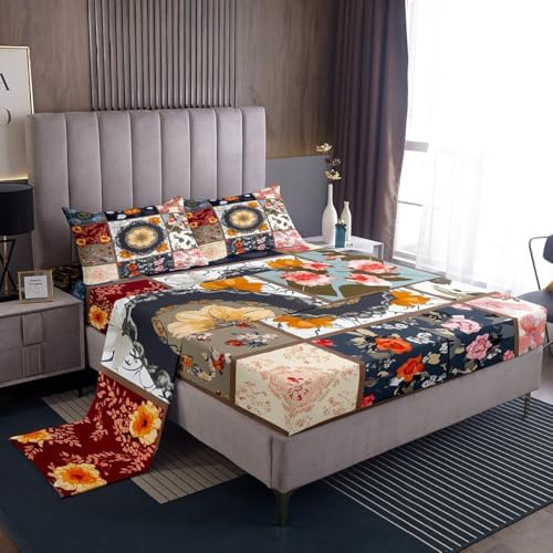 Boho Floral Patchwork Fitted Sheet Set Twin Size