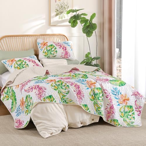 Luxudecor Tropical Plants Queen Quilt Set 3 Pieces