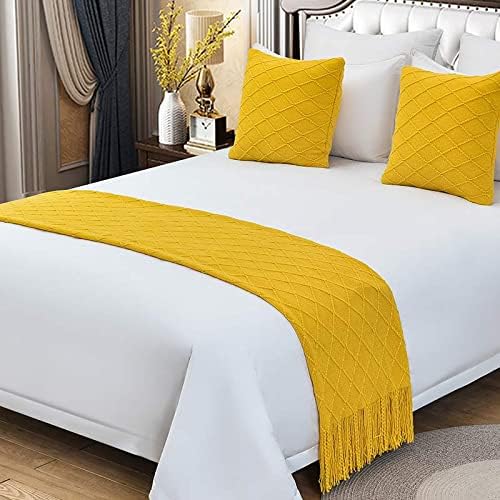 Zhiyuan Bright Yellow Tassel Knitted Bed Runner Throw Blanket
