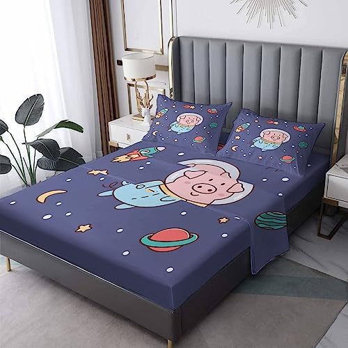 Kids Pig Sheets California King Set - Space Theme Soft Microfiber 4PCS