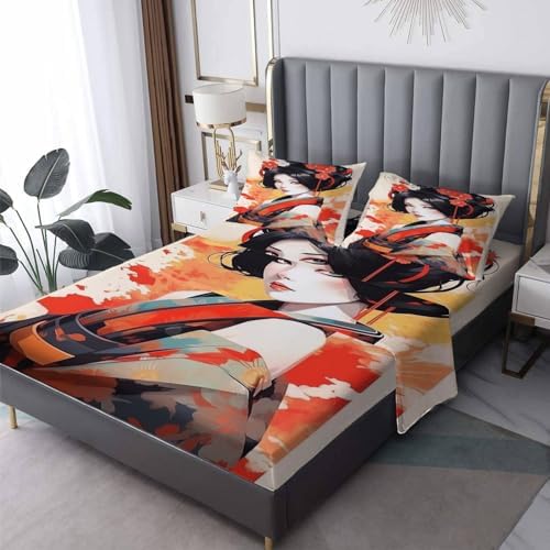 Japanese Sheets California King Set - Patterned Microfiber Sheets Pillowcases Wrinkle Free Soft