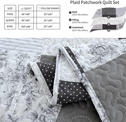 Jessy Home Modern Queen Bedspread Quilt Set - Grey Paisley Floral Plaid Reversible