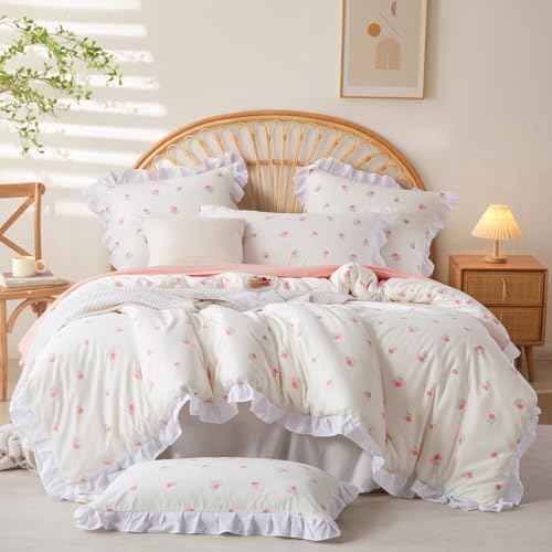 White Ruffle Duvet Cover Queen Size Set
