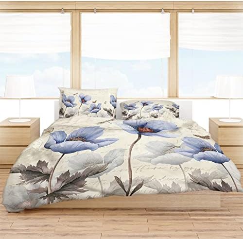 OComster California King Duvet Cover Set - Blue Tulip Flower 3 Pieces