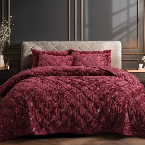 PHF Wine Red Velvet Quilt Set Twin Size