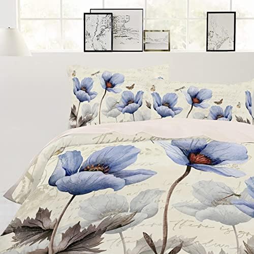 OComster California King Duvet Cover Set - Blue Tulip Flower 3 Pieces