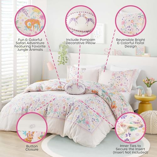 Queen Duvet Cover Set - Jungle Animals Floral Reversible Design