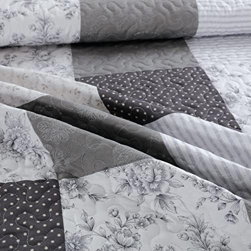 Jessy Home Modern Queen Bedspread Quilt Set - Grey Paisley Floral Plaid Reversible