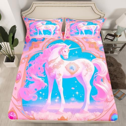 Manfei Unicorn Kids Fitted Sheet Set with 2 Pillowcases