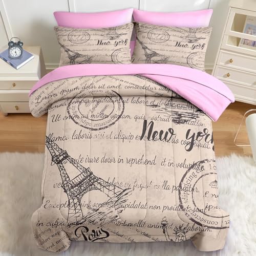 Nesker 7 Pcs Queen Comforter Set with Eiffel Tower Design