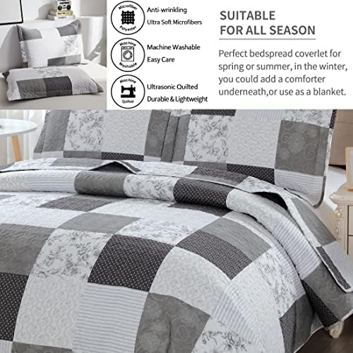 Jessy Home Modern Queen Bedspread Quilt Set - Grey Paisley Floral Plaid Reversible