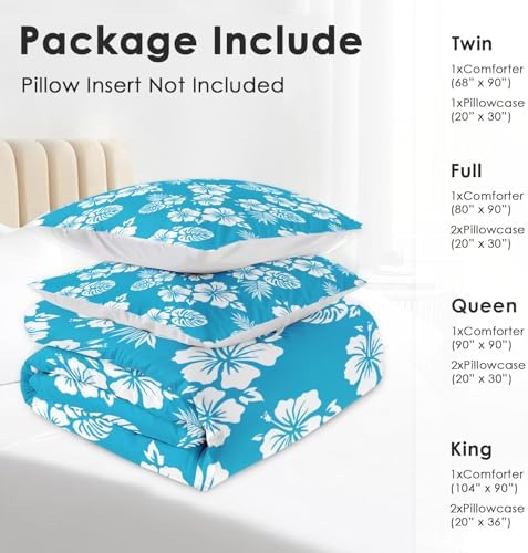 Pamnest Queen Comforter Set Blue Hawaiian Flower 3 Pcs