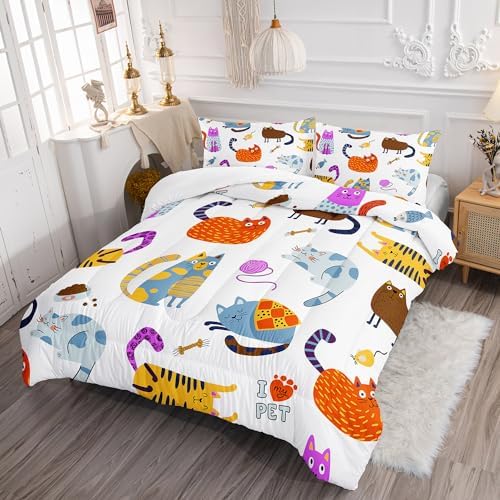 Kids Kawaii Cat Comforter Set 3Pcs Full Size