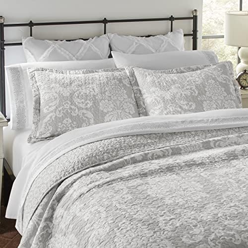 Laura Ashley Queen Quilt Set with Shams Venetia Grey 100 Cotton Reversible Bedding