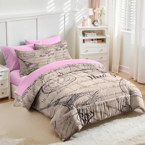 Nesker 7 Pcs Queen Comforter Set with Eiffel Tower Design