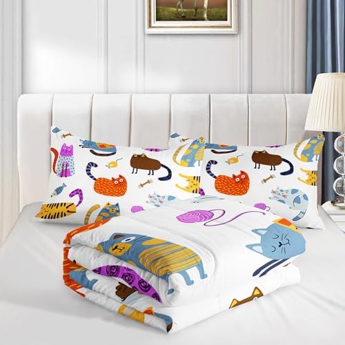 Kids Kawaii Cat Comforter Set 3Pcs Full Size