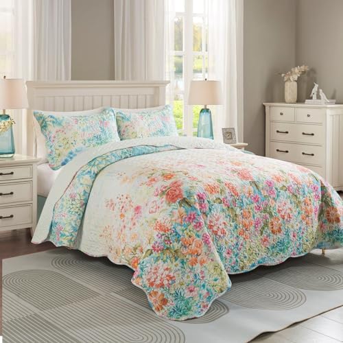 Travan Bedding Set - King Quilt Set with 2 Shams Dream Garden-Champagne