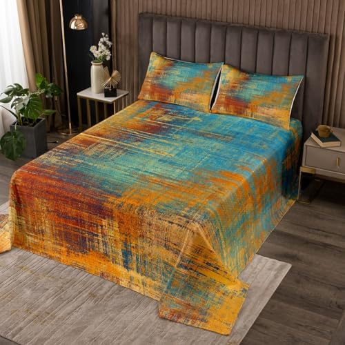 Erosebridal Red Ombre Queen Quilt Set with Blue Tie Dye Coverlet