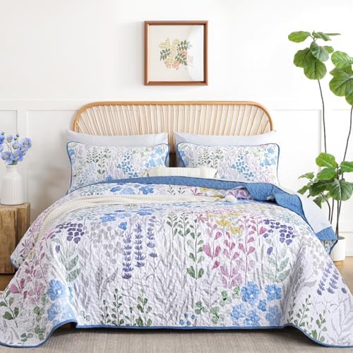 Xruibed Blue Floral Quilt Set 3 Piece King Size 1