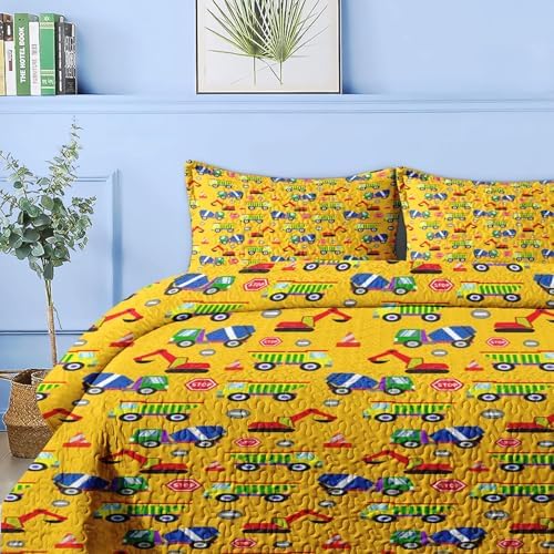 Pamnest Quilt Set Full Queen Size Cartoon Construction Car 3 Pcs