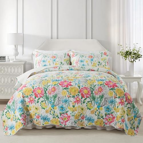 NEWLAKE Dreamy Flowers Reversible Quilt Set King Size