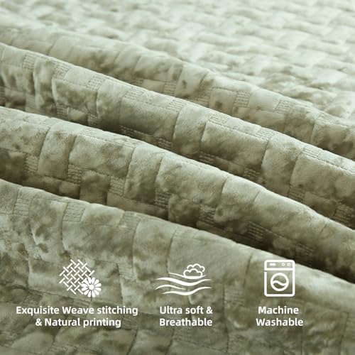 Liians Velvet Bedspread Comforter Set Queen Size Sage Green