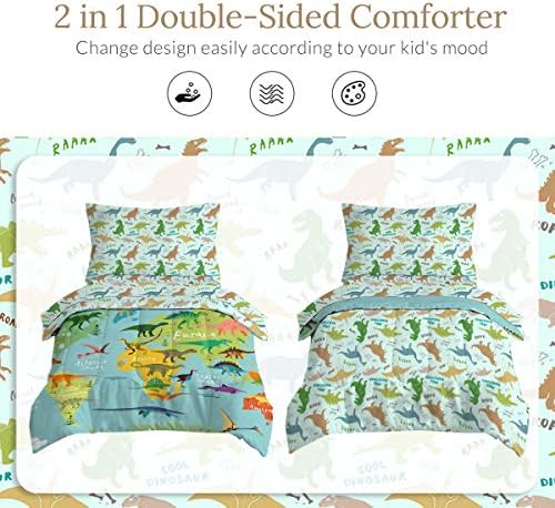 BlessLiving Toddler Bedding Set - Dinosaur Map Green 4 Piece