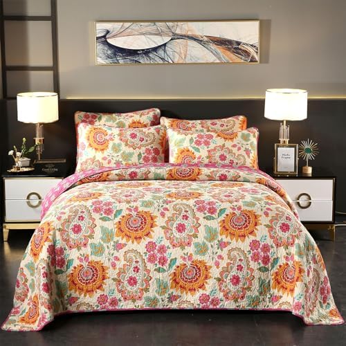 YASMENG 100 Cotton Boho King Quilt Set 3 Pc