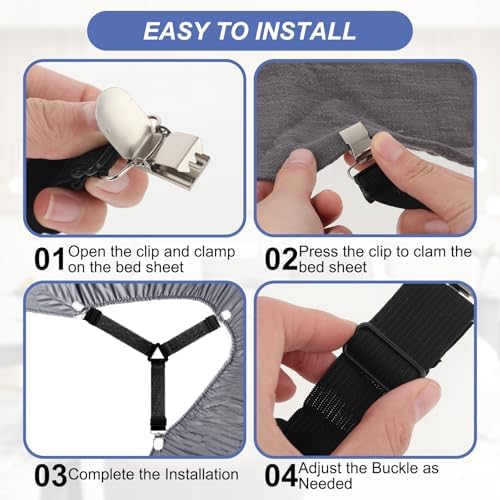 4Pcs Triangle Sheet Straps with Metal Clips - Adjustable Elastic Bed Sheet Holders Black
