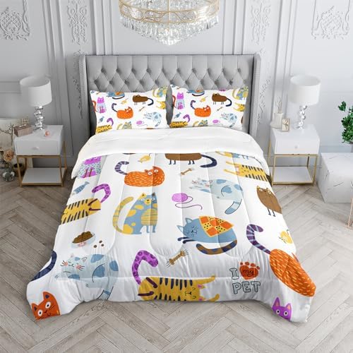 Kids Kawaii Cat Comforter Set 3Pcs Full Size