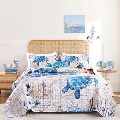 Weigelia Coastal Queen Quilt Set - Sea Turtles Nautical Design