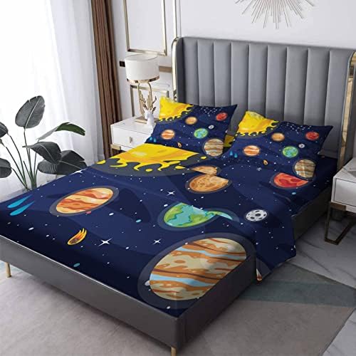 Twin XL Solar System Sheet Set - Cartoon Planets Kids Bedding