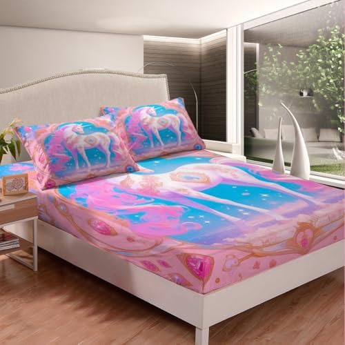 Manfei Unicorn Kids Fitted Sheet Set with 2 Pillowcases