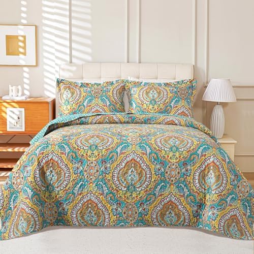 VAPUTAR Quilt Queen Bedding Set Yellow Blue 3 Pieces