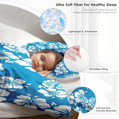Pamnest Queen Comforter Set Blue Hawaiian Flower 3 Pcs