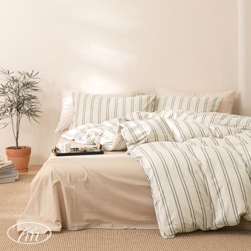 VM VOUGEMARKET Greyish-Green Striped Duvet Cover Set Twin XL