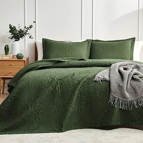 Hansleep Olive Green Quilt Queen Set - Damask Ultra Soft Bedspread 2 Pillow Shams