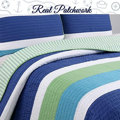 Cozy Line Waylon Navy Blue Green White Striped 100 Cotton Reversible Quilt Set