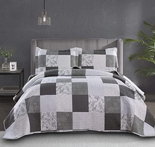 Jessy Home Modern Queen Bedspread Quilt Set - Grey Paisley Floral Plaid Reversible