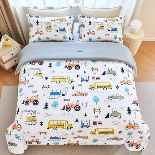 WINLIFE Twin Size Comforter Set with Cartoon Excavator Pattern