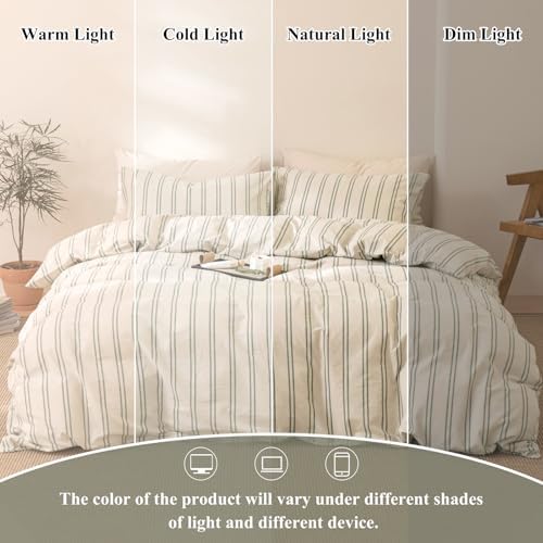 VM VOUGEMARKET Greyish-Green Striped Duvet Cover Set Twin XL