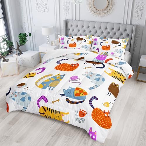 Kids Kawaii Cat Comforter Set 3Pcs Full Size