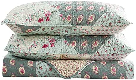 MERRY HOME Quilt Set with 2 Pillow Shams - Floral Plaid Queen Bedding