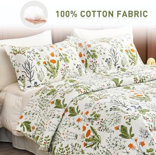 Lady Ann 100 Cotton Floral Queen Quilt Set - Yellow Flowers Leaves