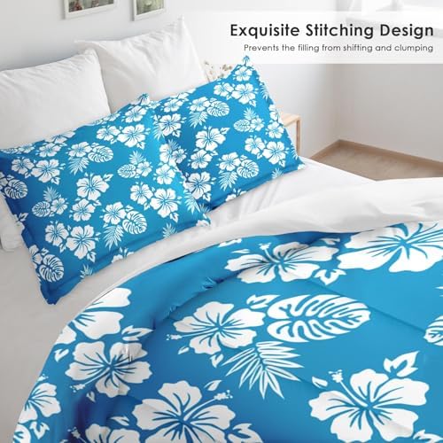 Pamnest Queen Comforter Set Blue Hawaiian Flower 3 Pcs