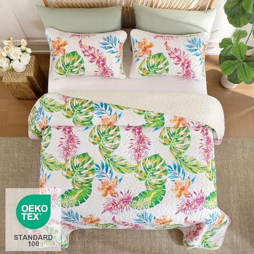 Luxudecor Tropical Plants Queen Quilt Set 3 Pieces
