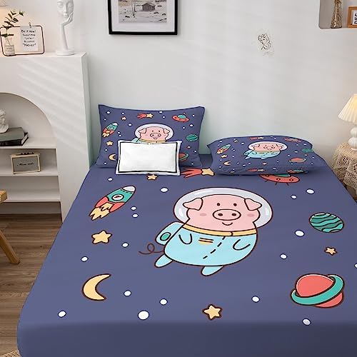 Kids Pig Sheets California King Set - Space Theme Soft Microfiber 4PCS