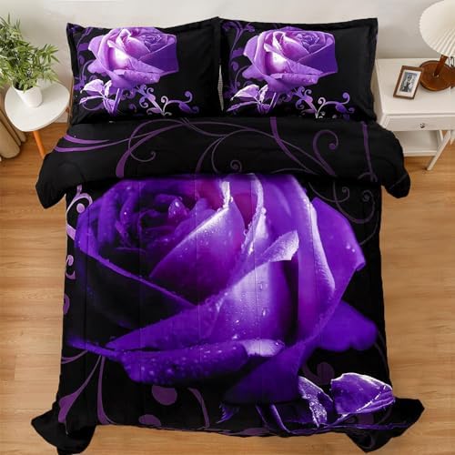 WONGS BEDDING Purple Rose Comforter Set Twin Reversible