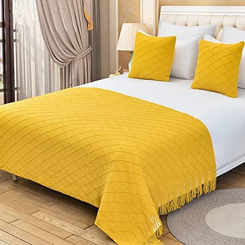 Zhiyuan Bright Yellow Tassel Knitted Bed Runner Throw Blanket